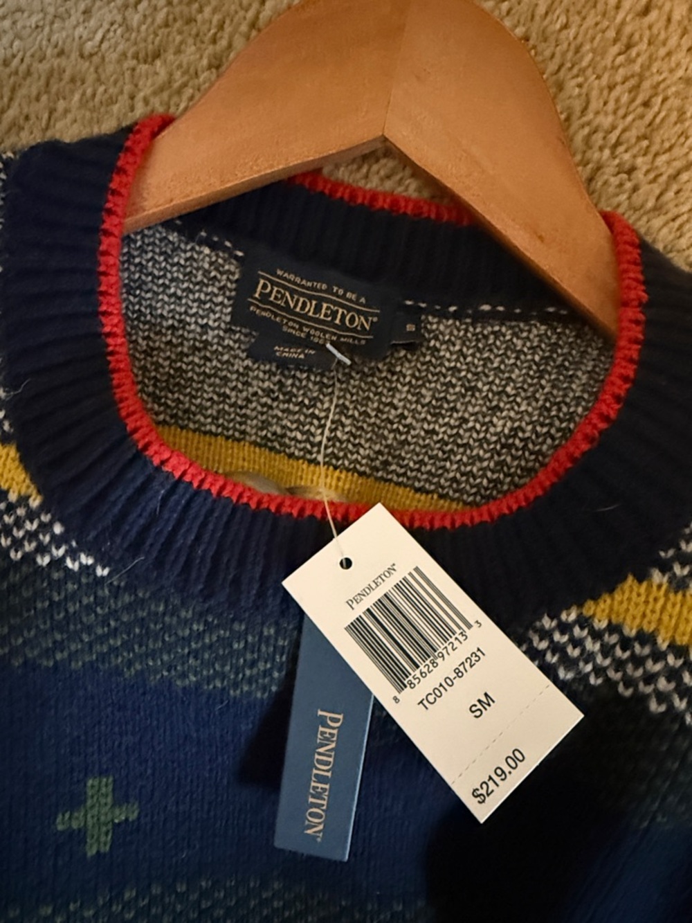 Pendleton Navy Crewneck Sweater with Multicolor Stripes - Picture 3 of 3